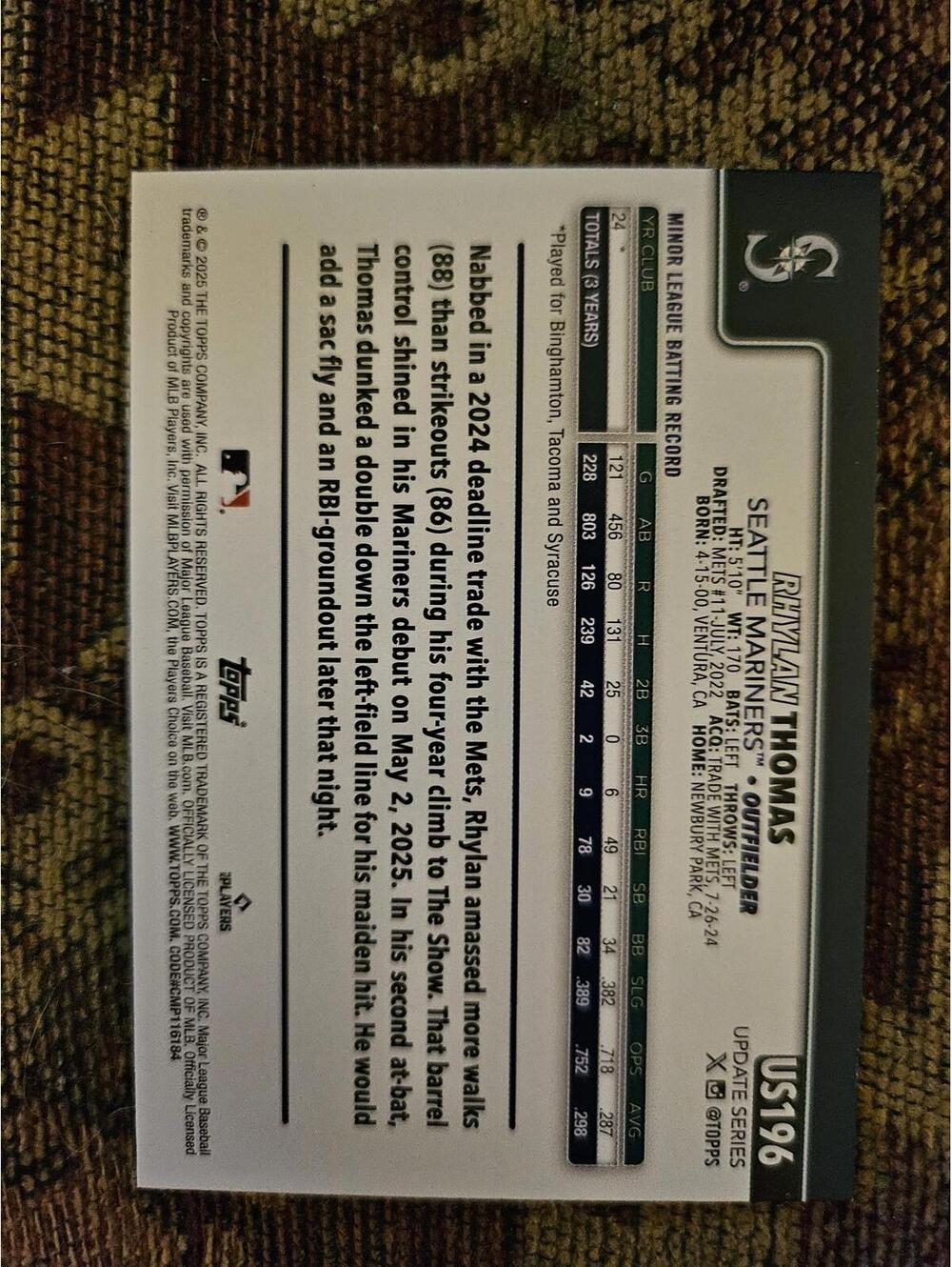 2025 Topps Update #US196 - Ryland Thomas - Mariners - Rookie Card - Picture 2 of 2